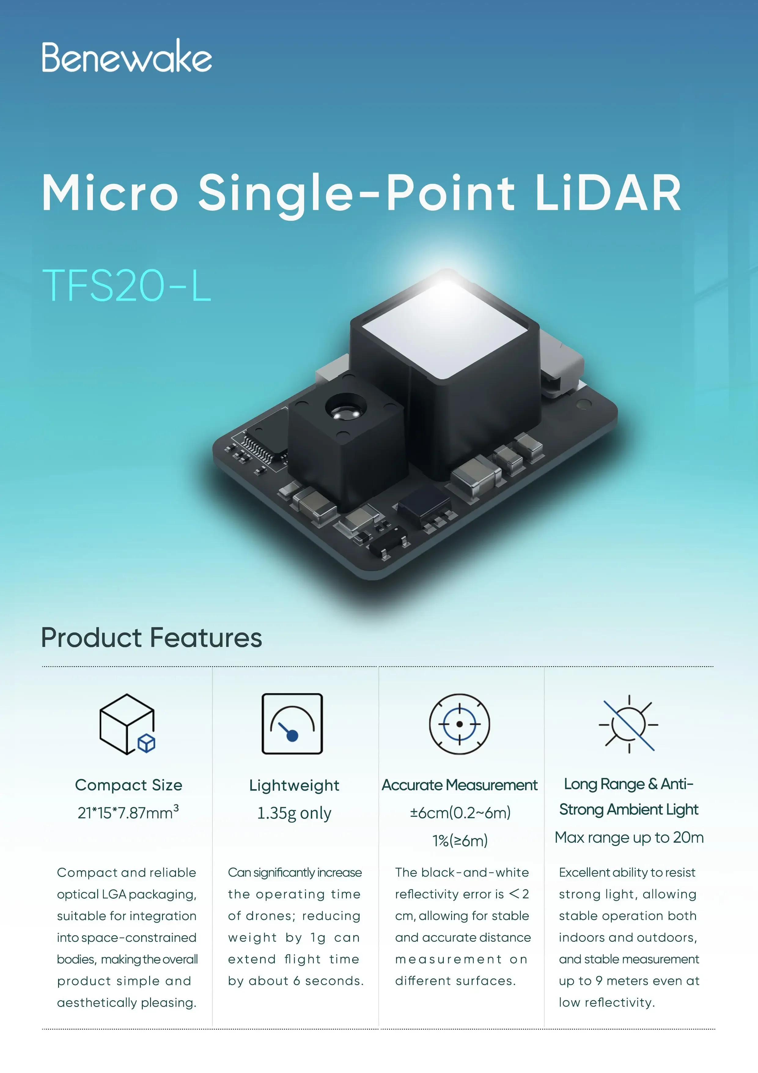 Benewake TFS20-L 20m Micro LiD - Drone Lidar recensie en prijs